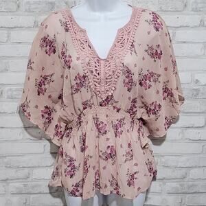 Candies Floral Peony Lace Trim Sheer Elastic Waist Tunic Blouse Womens Med
